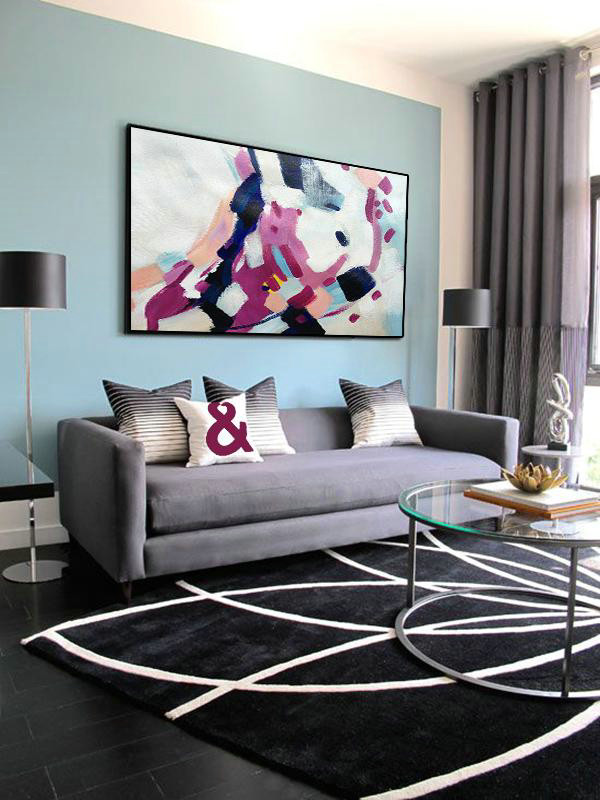 Large Abstract Painting,Horizontal Palette Knife Contemporary Art,Custom Canvas Wall Art,White,Nude,Purple,Dark Blue.etc
